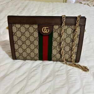 Authentic Gucci Beige and Brown Crossbody Bag with Gold Chain. Pre loved